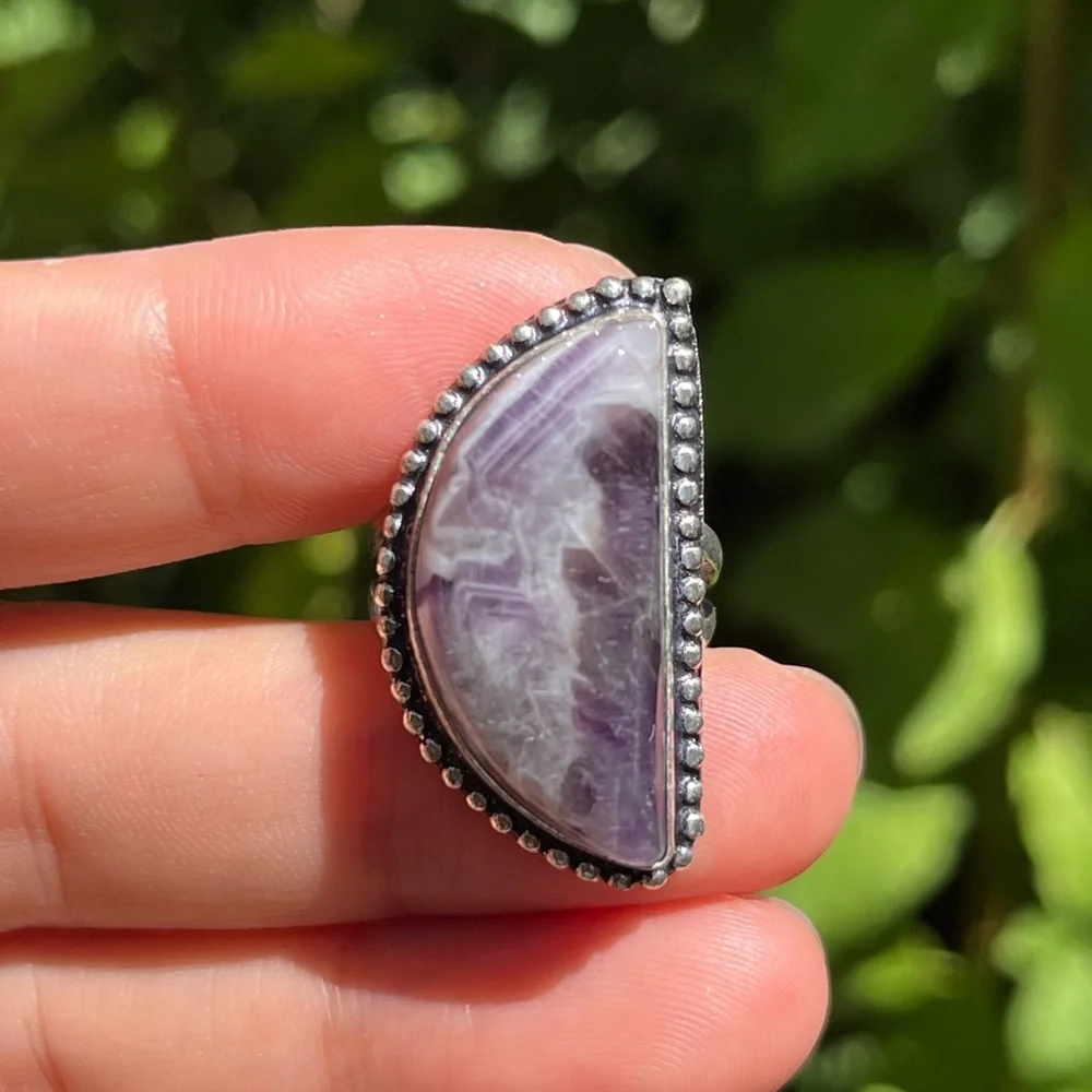 Size 6.75 925 silver plated half‎ moon amethyst ring